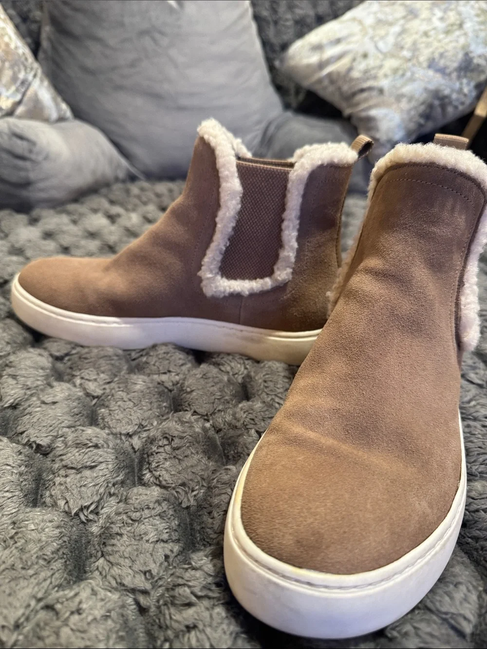Lucky Brand Brown Suede Faux-Shearling Chelsea Booties